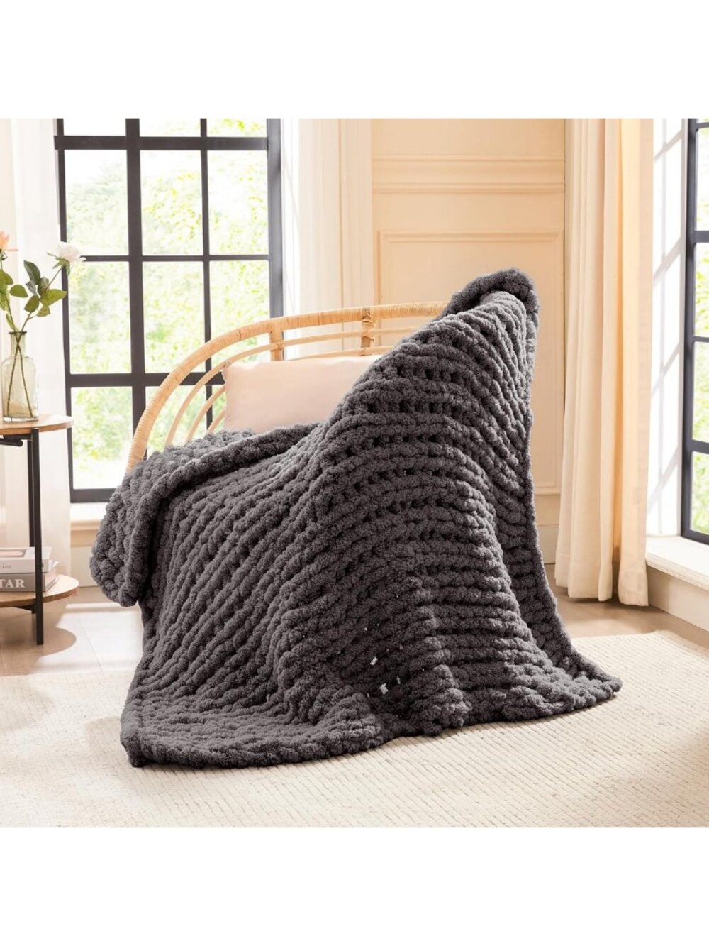 Cozy Chunky Knit Throw Blanket for Couch, 40x50 Inches, Dark Grey Home Decor